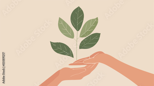 Eco friendly label. Hands hold abstract leaf silhouet photo