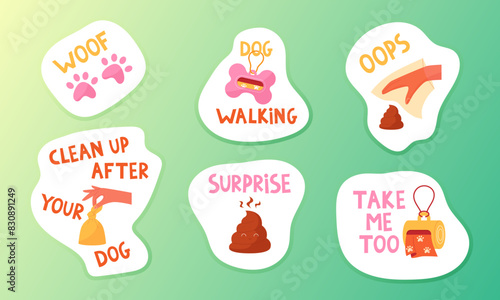 Dog walking set of stickers. Clean up after your pets