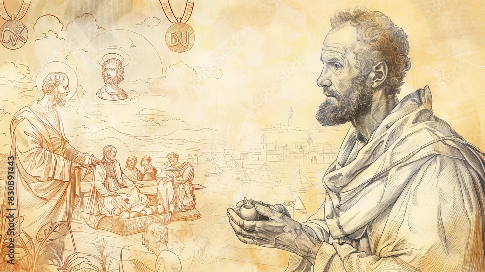 Fototapeta premium Serving the Poor by St. Vincent de Paul in 17th-Century France, Biblical Illustration, Beige Background, Copyspace