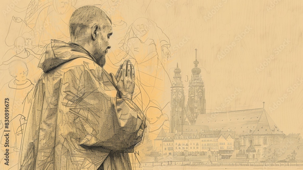 Fototapeta premium Prayer of St. Wolfgang of Regensburg at 10th-Century German Church, Biblical Illustration, Beige Background, Copyspace