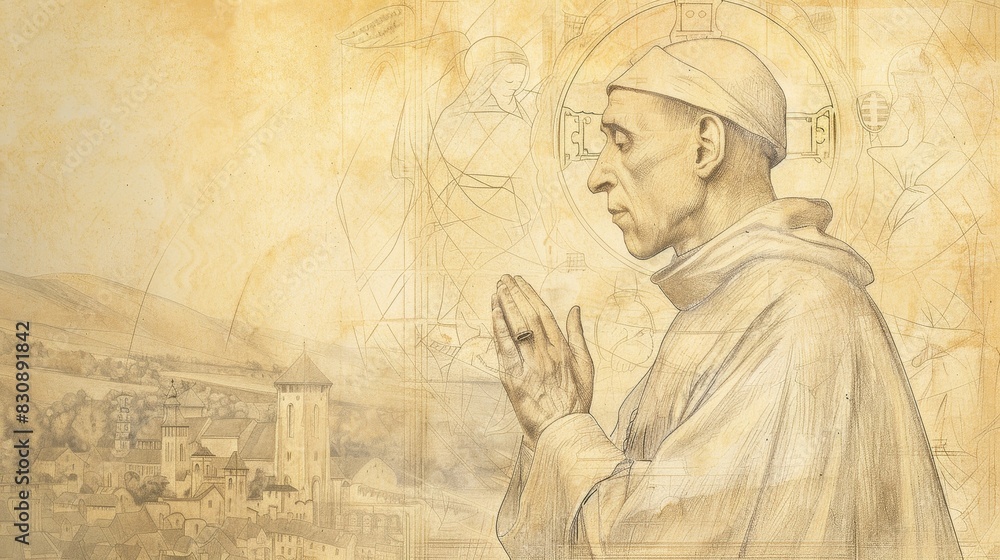 Fototapeta premium Prayer of St. Wilfrid at 7th-Century English Monastery, Biblical Illustration, Beige Background, Copyspace