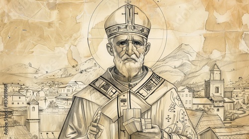 Wallpaper Mural St. Nicholas of Myra in Bishop's Robes, 4th-Century Village, Biblical Illustration, Beige Background, Copyspace Torontodigital.ca