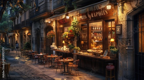 Digitally rendered Spanish tapas bar scene at twilight, showcasing a selection of tapas, sangria, and the lively ambiance of a bustling street in Barcelona photo