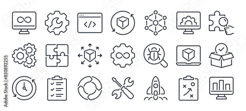 DevOps development and operations concept editable stroke outline icons set isolated on white background flat vector illustration. Pixel perfect. 64 x 64