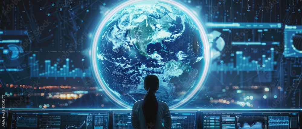 Futuristic data analysts exploring a holographic globe, pinpointing digital economic hotspots Futuristic data analysts exploring a holographic globe, pinpointing digital economic hotspots