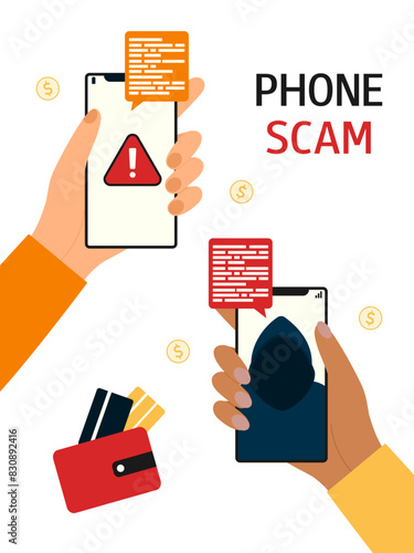 Phone scam. Hands with a smartphones. Fraud alert. Concept of financial scammer, cyber thief, data hacking. Vector flat illustration isolated on white background.
