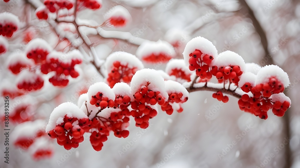 A branch covered in snow that had clusters of rowan berries during the city's winter snowfall. The first snowfall featured a stunning pattern of red and white. Rowan tree A branch covered in snow that had clusters of rowan berries during the city's winter snowfall. The first snowfall featured a stunning pattern of red and white. Rowan tree