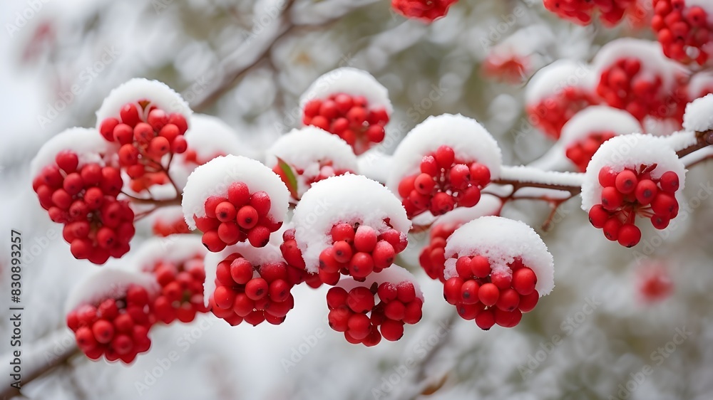 A branch covered in snow that had clusters of rowan berries during the city's winter snowfall. The first snowfall featured a stunning pattern of red and white. Rowan tree A branch covered in snow that had clusters of rowan berries during the city's winter snowfall. The first snowfall featured a stunning pattern of red and white. Rowan tree