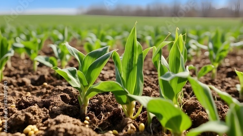 Corn plants that are emerging in the spring  with vibrant  lovely  young  succulent leaves. Lovely texture of the fresh cereals.