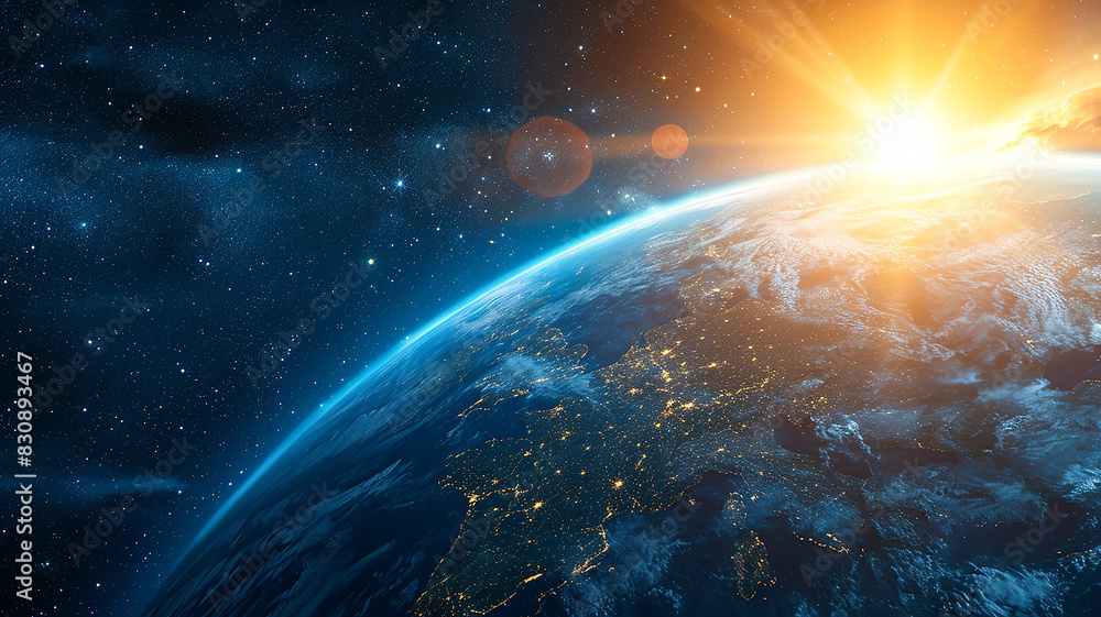 Obraz premium Panoramic view of the planet from space, sunrise against a black starry sky