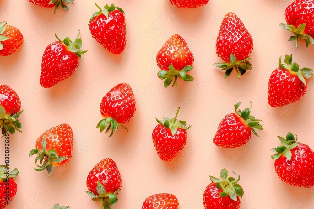 pattern of strawberries on pastel peach background, flat lay pattern of strawberries on pastel peach background, flat lay