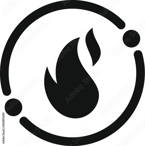 Graphic icon of a stylized flame encircled, depicted in monochrome black and white