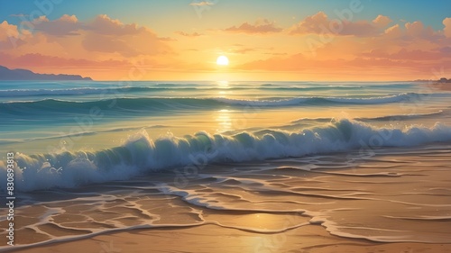 Summer dawn on the beach. At the resort, the sea sunsets. Beautiful, serene, sunset-colored wave on the beach with shades of azure and gold.