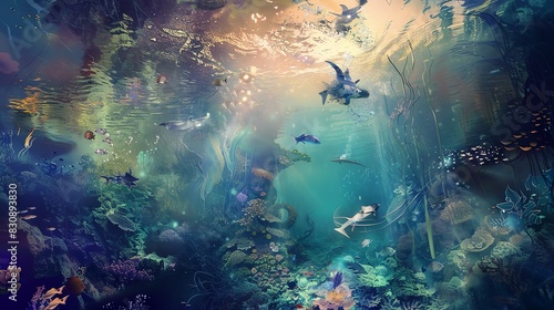 Vibrant underwater scene filled with marine life and colorful coral  creating a mesmerizing aquatic dreamscape of nature s beauty.