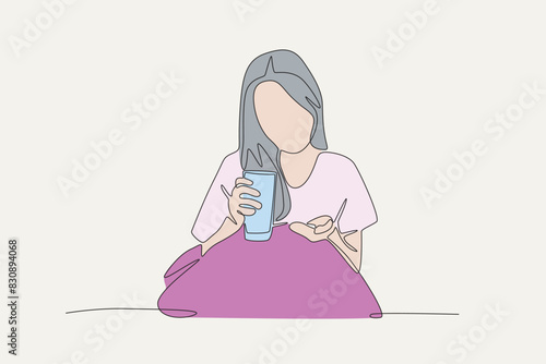 Colored women who have to take sleeping pills. Struggling to sleep concept one-line drawing