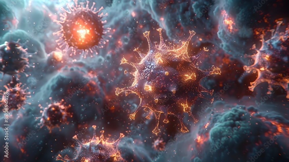 Microscopic Cells and Viral Outbreak in Futuristic Digital Landscape Microscopic Cells and Viral Outbreak in Futuristic Digital Landscape