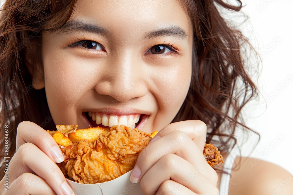 Close-up portrait of a satisfied beautiful Asian woman eating fried chicken and french fries isolated on white background. Unhealthy food concept, close-up. Close-up portrait of a satisfied beautiful Asian woman eating fried chicken and french fries isolated on white background. Unhealthy food concept, close-up.
