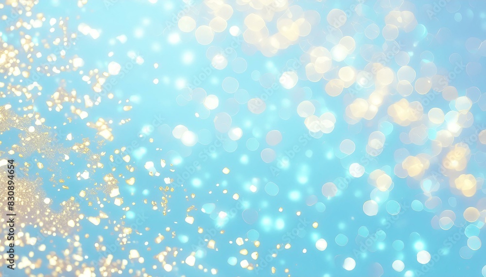 Golden blue sparkles on blue background. Light blue minimalistic festive glamorous background Golden blue sparkles on blue background. Light blue minimalistic festive glamorous background