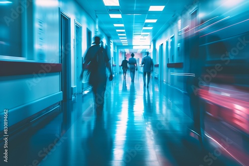 Interior of doctor and patient people in hospital corridor for background, Health care and medical technology concept. Motion blur effect. © Rida