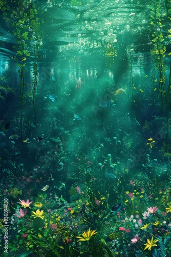 Underwater garden of aquatic plants and flowers  using a variety of greens  teals  and vibrant colors to create a lush  otherworldly scene beneath the water s surface  ai generated