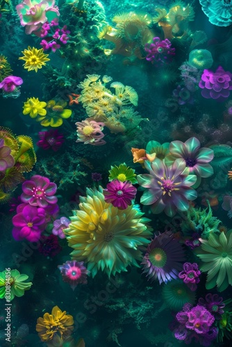 Underwater garden of aquatic plants and flowers, using a variety of greens, teals, and vibrant colors to create a lush, otherworldly scene beneath the water's surface, ai generated