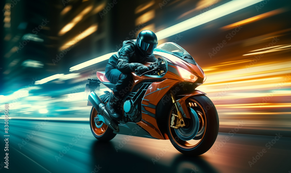 Speeding motorbike on the street at night, sport motorcycles concept, generated ai