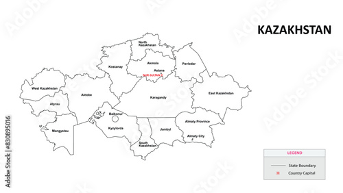 Kazakhstan Map. State and district map of Kazakhstan. Administrative map of Kazakhstan with states and boundaries in white color.