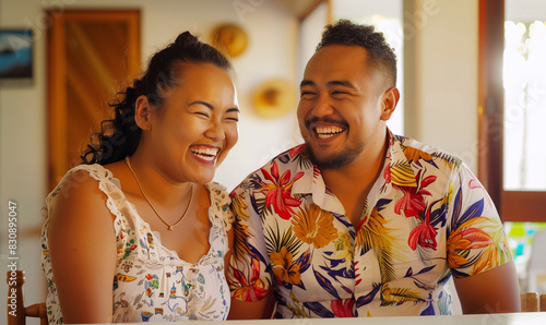 Happy Samoan couple laughing together in a bright room, family at new home, generated ai
