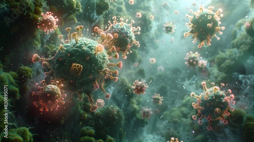Microscopic Digital Rendering of Viral Outbreak in Natural Ecosystem photo