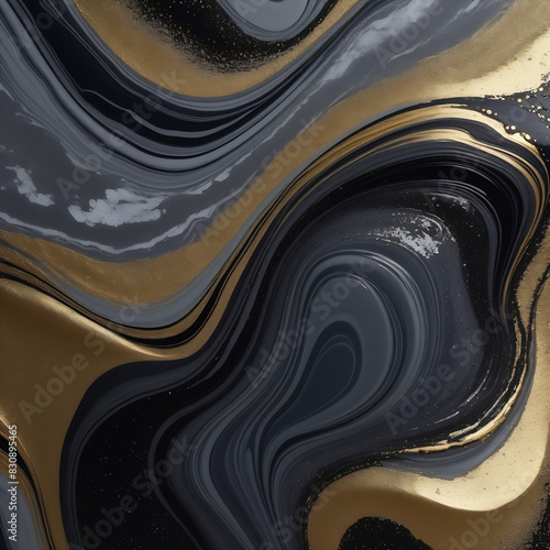 oil paint flows on a black canvas. Drops, splashes, shiny stripes. Graphic arts. marble image, gold, silver, white, gray color