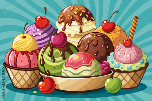 Cartoon ice cream bowl with multiple flavors and vibrant toppings on a blue background. Colorful ice cream scoops in a bowl, decorated with syrup and a wafer stick.