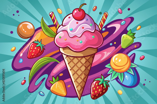 Colorful ice cream cone with splashing strawberry and citrus flavors on a vibrant background. Ice cream graphic with strawberry topping and playful candy accents. Ice cream illustration
