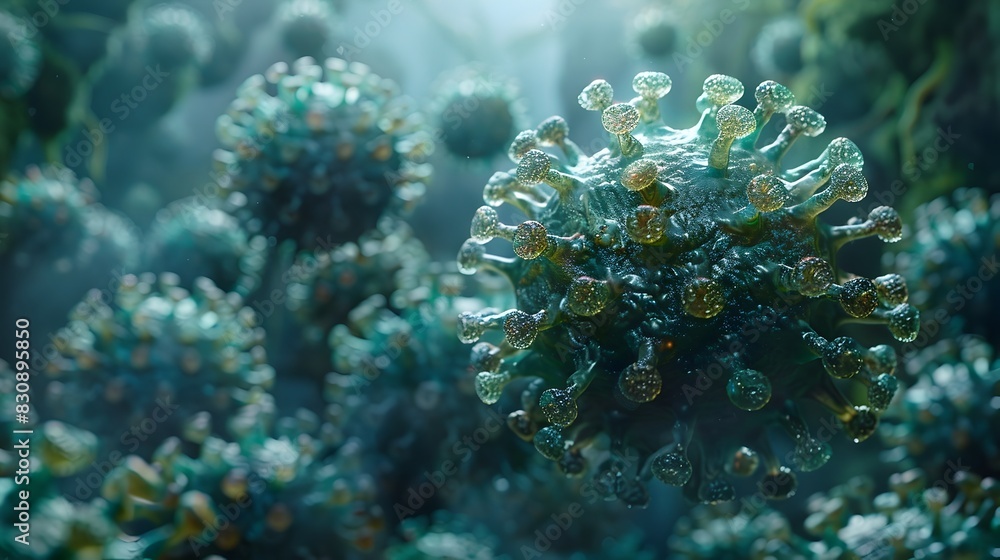 Obraz premium Microscopic View of Coronavirus COVID 19 Molecular Structure and Cells in Scientific Research Laboratory