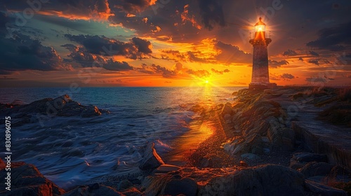 Stunning sunset at a lighthouse casting a warm light over the rocky coastline, blending vibrant colors in the sky and sea. photo