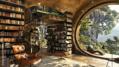 Serene library with spiral staircase, shelves filled with books, and large circular window offering a mesmerizing view of nature.