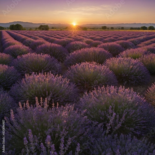  A colorful world map with a sunset over a field of lavender. 