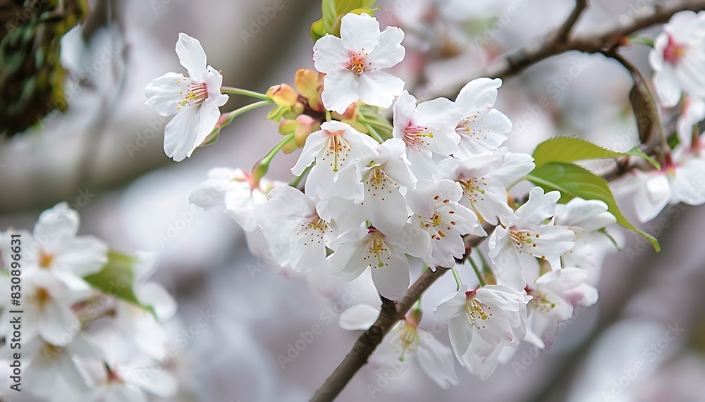 Close-up shot of white and pink Sakura flowers on a branch, nature in Japan concept