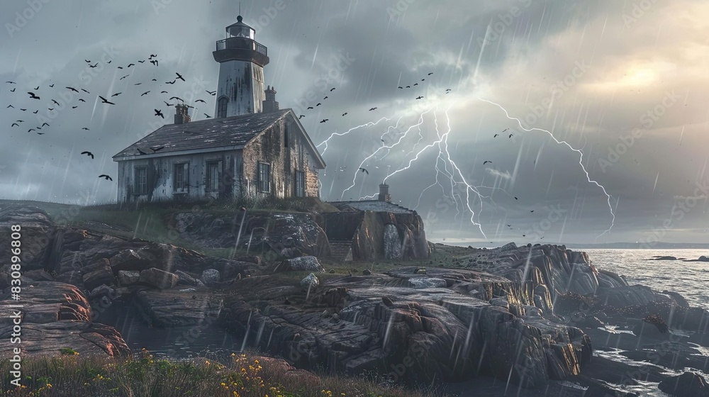 Fototapeta premium Dramatic coastal storm scene with an old lighthouse, rocky cliffs, and lightning striking behind dark storm clouds.