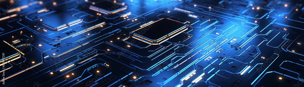 Futuristic circuit board with glowing blue lines, digital background for AI and tech processes Futuristic circuit board with glowing blue lines, digital background for AI and tech processes