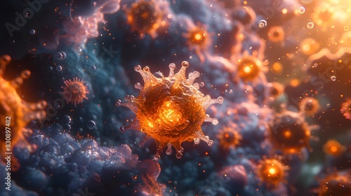 Microscopic View of Infectious Viral Cells Revealing Intricate Molecular Details and Potential Health Implications photo