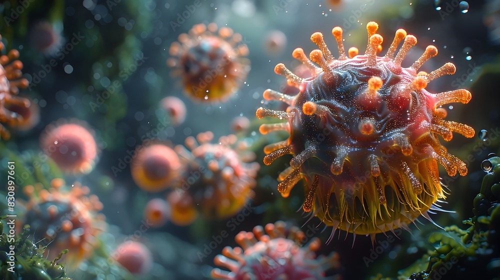 Microscopic View of Intricate Virus or Bacterial Cells in Scientific Laboratory Research Microscopic View of Intricate Virus or Bacterial Cells in Scientific Laboratory Research