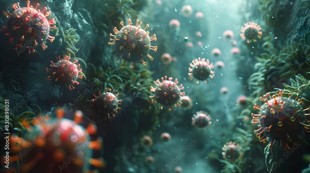 Obraz premium Microscopic View of Novel Coronavirus Outbreak Impacting Global Health and Science