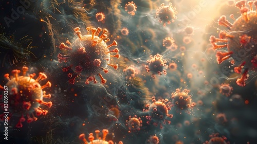 Microscopic View of Ominous Viral Outbreak Amidst Surreal Pandemic Crisis photo