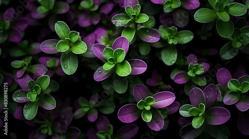 Macro shot of the compact, round leaves of a creeping thyme, nestled on the ground, emphasizing hardiness and ground cover benefits. photo