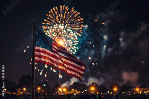 American flag and vibrant fireworks in night sky. National holiday  4th July  USA Independence Day