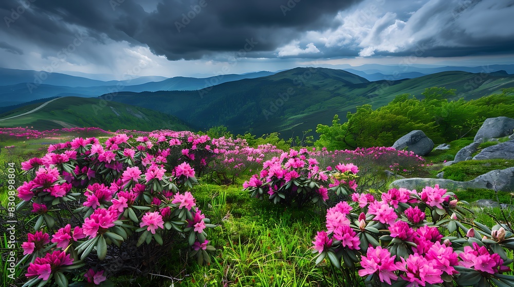 Magic pink rhododendron flowers on summer mountain dramatic overcast sky Magic pink rhododendron flowers on summer mountain dramatic overcast sky