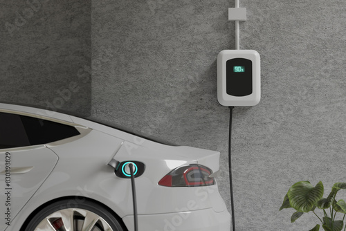 Electric Car Charging with EV charger at home, ev charger working and show status on the screen, 3d rendering