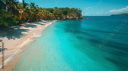 beach with water, A beach with palm trees and a beach in the background © RJ