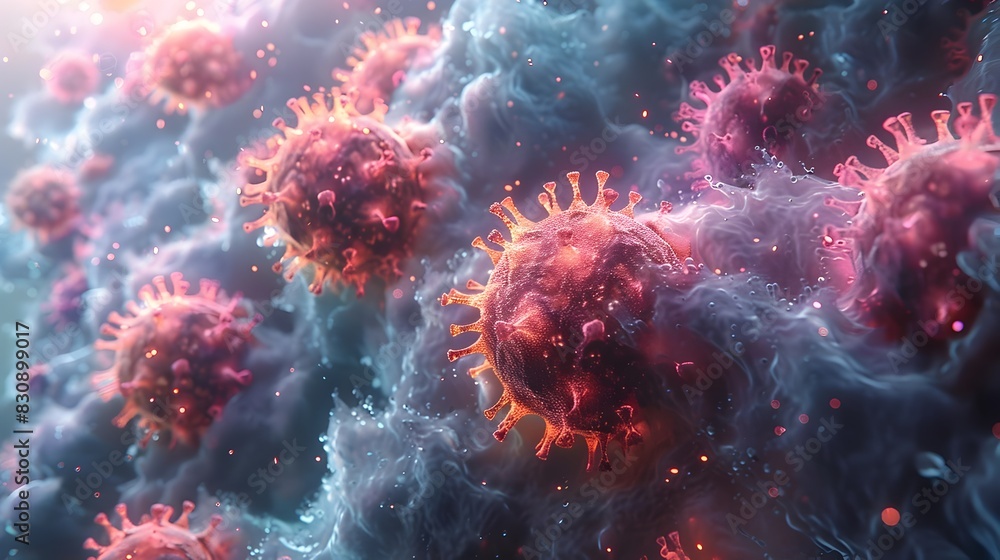 Microscopic View of Viral Outbreak Detailed 3D Rendering of COVID 19 or Similar Infectious Pathogens Microscopic View of Viral Outbreak Detailed 3D Rendering of COVID 19 or Similar Infectious Pathogens