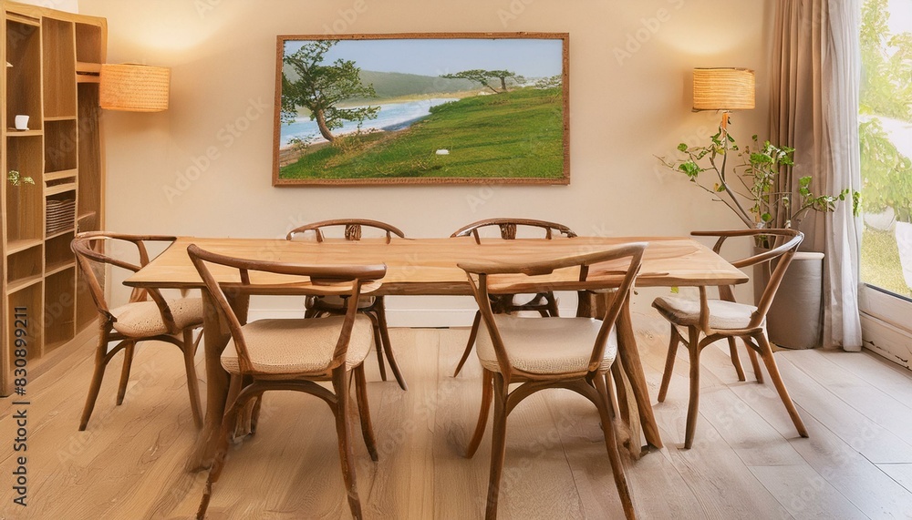 Modern Japandi Design: Live Edge Dining Table with Art Poster and Log Chairs